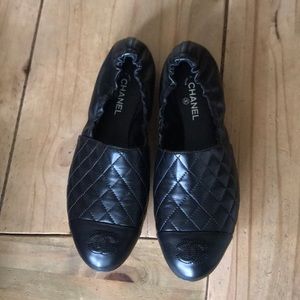 Black Pleated Leather Chanel Flats